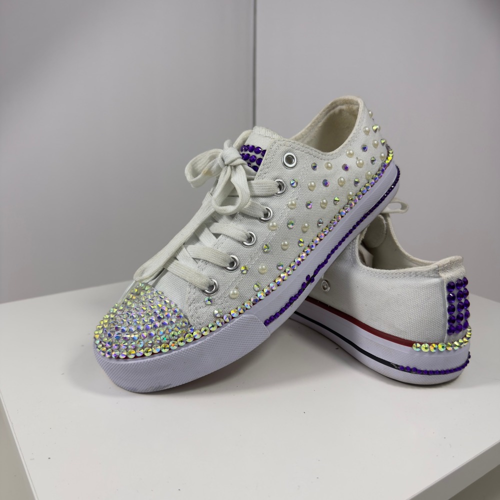Custom Rhinestone White Canvas Sneakers Women's Size 6 Purple Pearls
